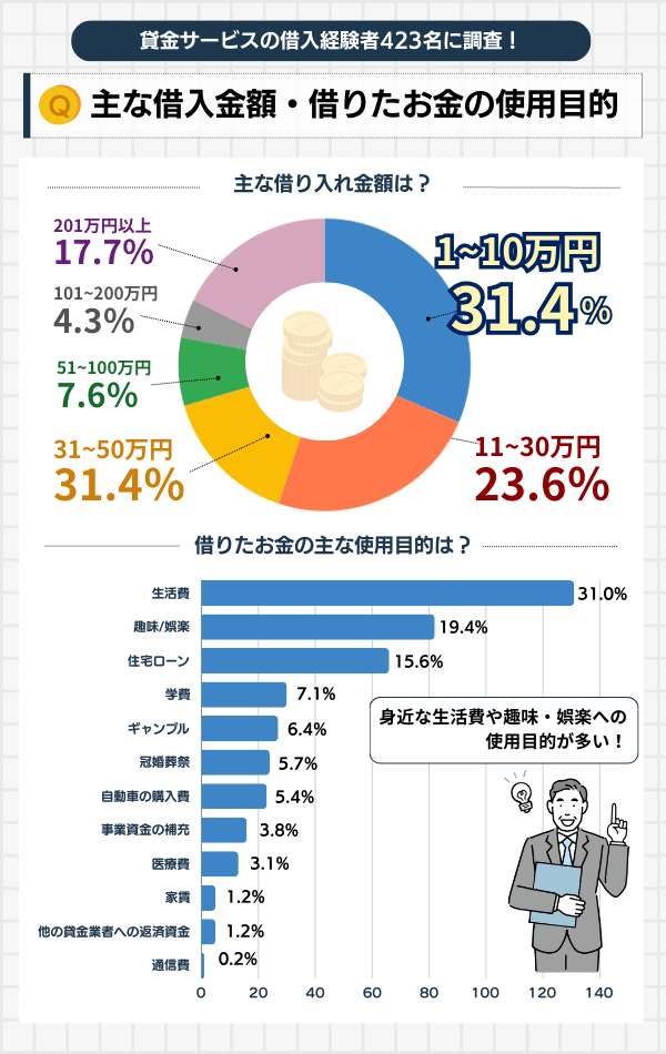 主な借り入れ金額と、借りたお金の使用目的