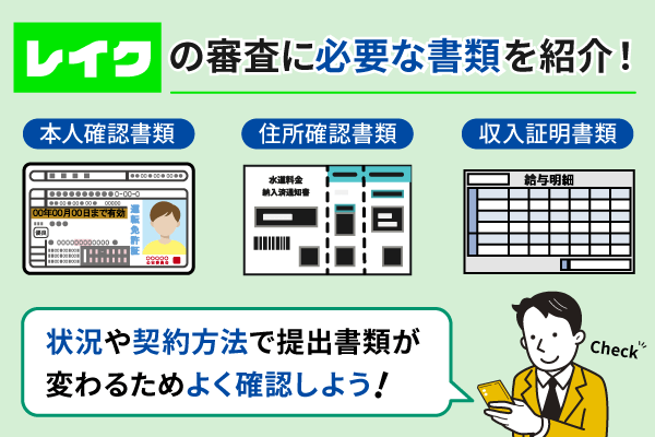 レイクの審査に必要な書類3点のイラストと提出時の注意点