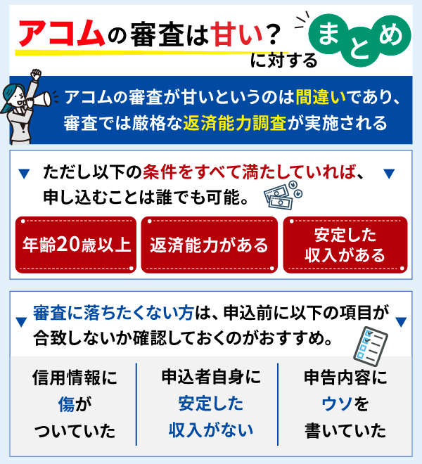 アコムの審査に関するまとめ情報を解説した画像