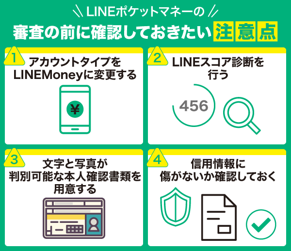 LINEポケットマネーの審査を受ける前の注意点についてまとめた画像