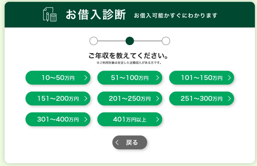 SMBCモビットの簡易審査での年収を確認する画面