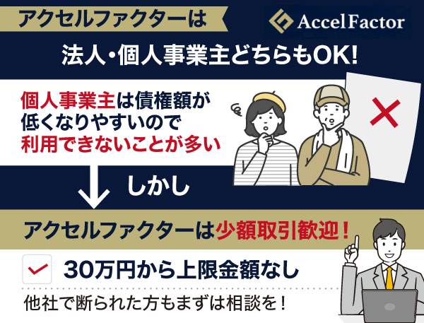 アクセルファクターは法人でも個人事業主でも利用可能なことを図解した画像