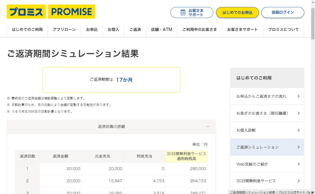プロミスの返済シミュレーション結果の画像