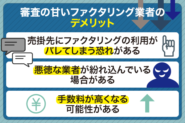 審査が甘いファクタリング業者のデメリットについてまとめた画像